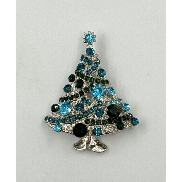 Silver Tone Christmas Tree Blue Green Rhinestone Brooch Holiday Party Pin - Picture 2 of 7